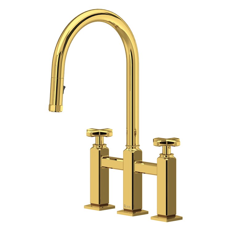 Kitchen Faucet Apothecary Bridge Pull Down 8 Inch Spread 2 Cross cUPC Unlacquered Brass Dual Swivel C-Spout 3 Hole Deck Mount 1.8 Gallons per Minute - Image 1