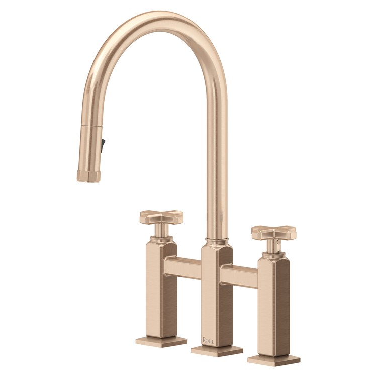 Kitchen Faucet Apothecary Bridge Pull Down 8 Inch Spread 2 Cross cUPC Vintage Gold Dual Swivel C-Spout 3 Hole Deck Mount 1.8 Gallons per Minute - Image 1