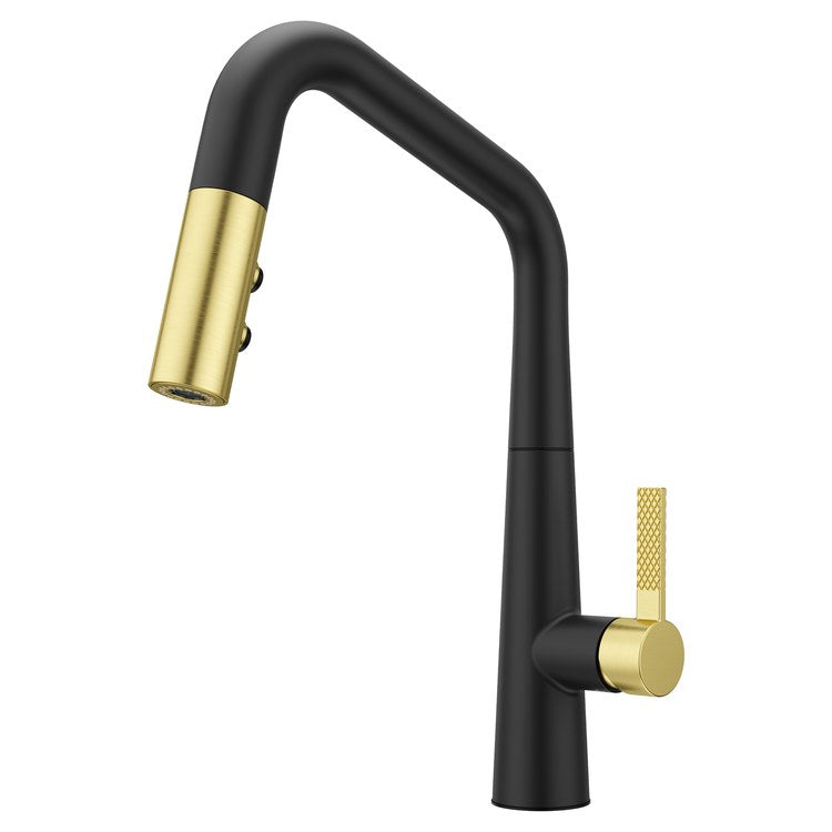 Kitchen Faucet Asari 1 Lever ADA CALGreen Matte Black and Brushed Gold 3 Function Pull Down High Arc Swivel 360 DEG 1/3 Hole Deck MagnePfit 1.8 Gallons per Minute - Image 1