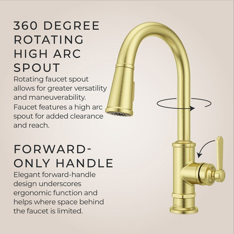 Kitchen Faucet Port Haven 1 Lever CALGreen Brushed Gold 3 Function Pull Down High Arc Swivel 360 DEG HydroBlade 1 Hole Deck MagnePfit 1.8 Gallons per Minute - Image 2