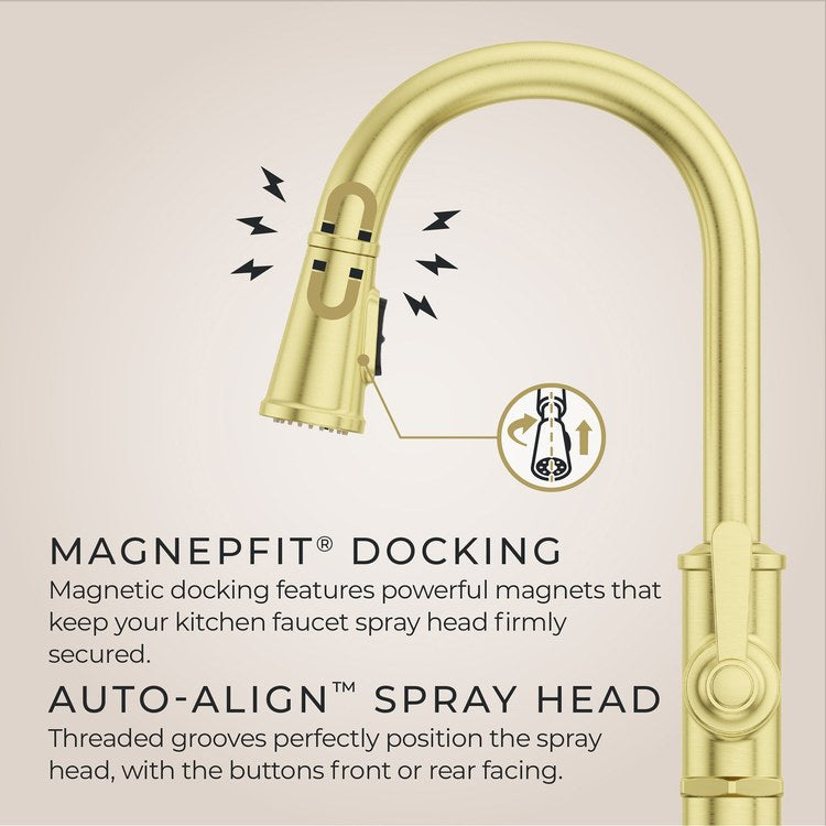 Kitchen Faucet Port Haven 1 Lever CALGreen Brushed Gold 3 Function Pull Down High Arc Swivel 360 DEG HydroBlade 1 Hole Deck MagnePfit 1.8 Gallons per Minute - Image 3
