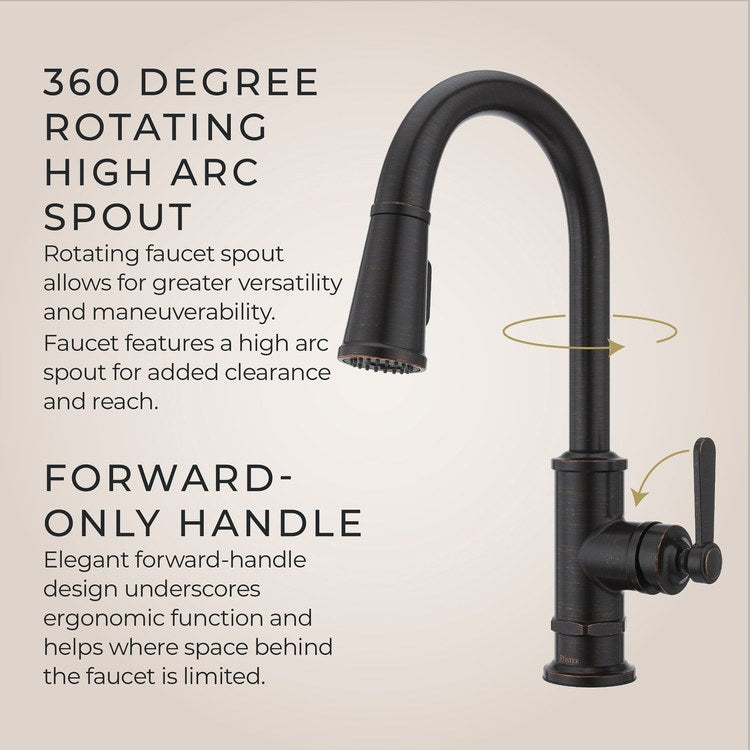 Kitchen Faucet Port Haven 1 Lever CALGreen Tuscan Bronze 3 Function Pull Down High Arc Swivel 360 DEG HydroBlade 1 Hole Deck MagnePfit 1.8 Gallons per Minute - Image 2