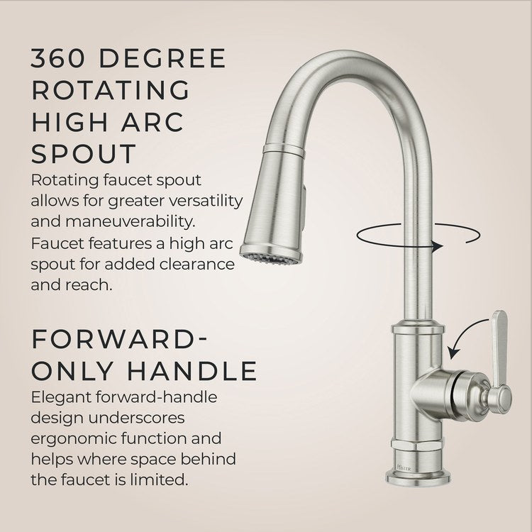 Kitchen Faucet Port Haven 1 Lever CALGreen Stainless Steel 3 Function Pull Down High Arc Swivel 360 DEG HydroBlade 1 Hole Deck MagnePfit 1.8 Gallons per Minute - Image 2