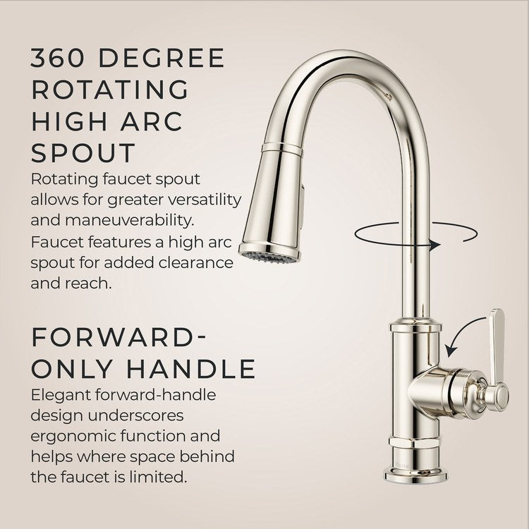 Kitchen Faucet Port Haven 1 Lever CALGreen Polished Nickel 3 Function Pull Down High Arc Swivel 360 DEG HydroBlade 1 Hole Deck MagnePfit 1.8 Gallons per Minute - Image 2