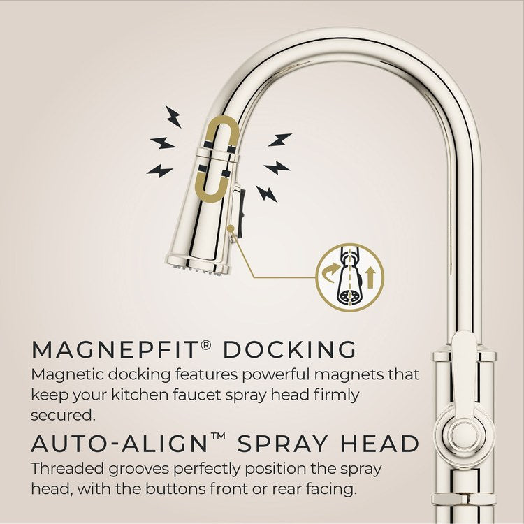 Kitchen Faucet Port Haven 1 Lever CALGreen Polished Nickel 3 Function Pull Down High Arc Swivel 360 DEG HydroBlade 1 Hole Deck MagnePfit 1.8 Gallons per Minute - Image 3