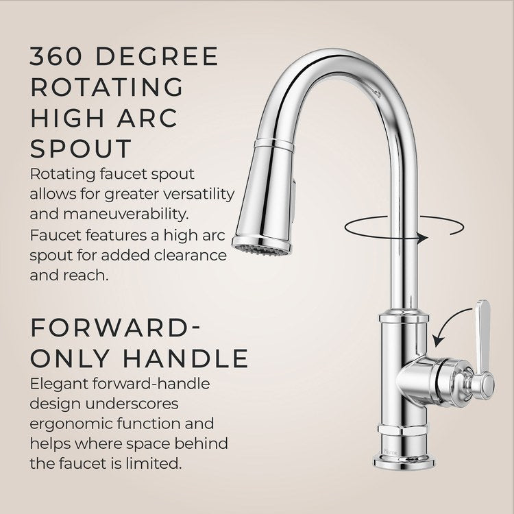 Kitchen Faucet Port Haven 1 Lever CALGreen Polished Chrome 3 Function Pull Down High Arc Swivel 360 DEG HydroBlade 1 Hole Deck MagnePfit 1.8 Gallons per Minute - Image 2