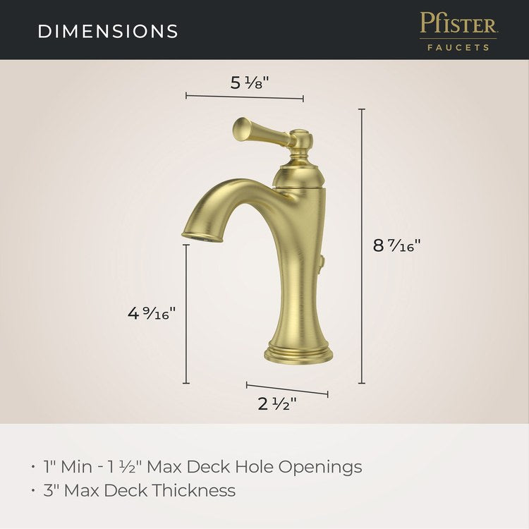 Lavatory Faucet Tisbury 1 Lever ADA WaterSense/CALGreen Brushed Gold 1.2 Gallons per Minute Deck Pop-Up 1/3 Hole - Image 2