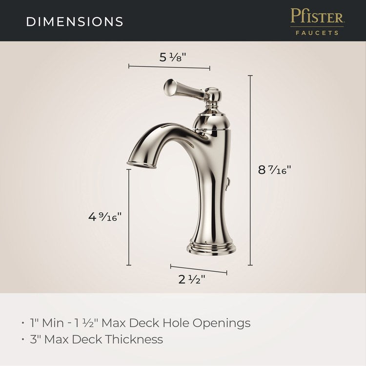 Lavatory Faucet Tisbury 1 Lever ADA WaterSense/CALGreen Polished Nickel 1.2 Gallons per Minute Deck Pop-Up 1/3 Hole - Image 2