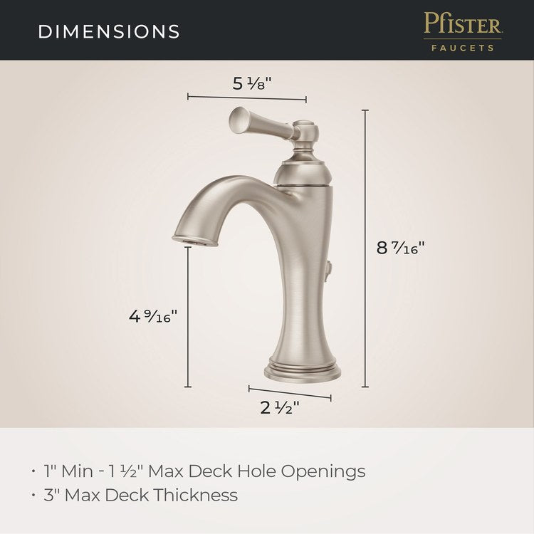 Lavatory Faucet Tisbury 1 Lever ADA WaterSense/CALGreen Brushed Nickel 1.2 Gallons per Minute Deck Pop-Up 1/3 Hole - Image 2