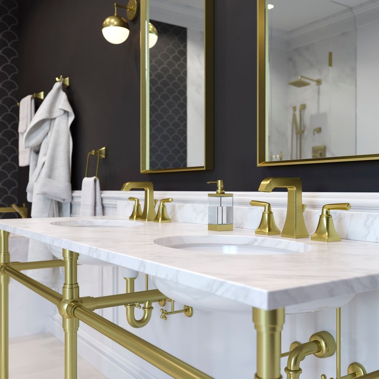 Lavatory Faucet Park Avenue Widespread 8 to 15 Inch Spread 2 Lever ADA WaterSense/CALGreen Brushed Gold 1.2 Gallons per Minute Deck Pop-Up 3 Hole - Image 2