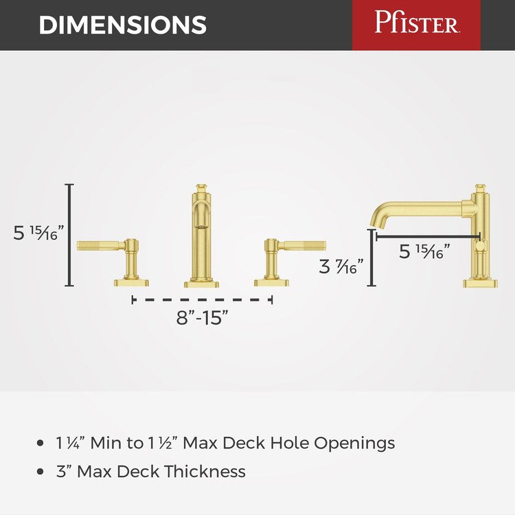 Lavatory Faucet Hillstone Widespread 8 to 15 Inch Spread 2 Lever ADA WaterSense/CALGreen Brushed Gold 1.2 Gallons per Minute Deck Push and Seal 3 Hole - Image 2