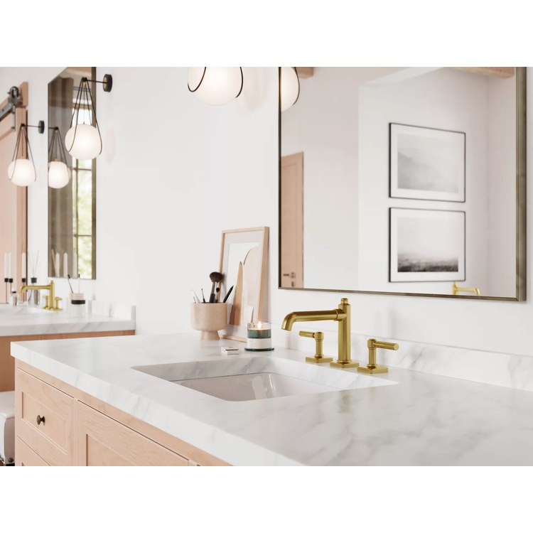 Lavatory Faucet Hillstone Widespread 8 to 15 Inch Spread 2 Lever ADA WaterSense/CALGreen Brushed Gold 1.2 Gallons per Minute Deck Push and Seal 3 Hole - Image 3