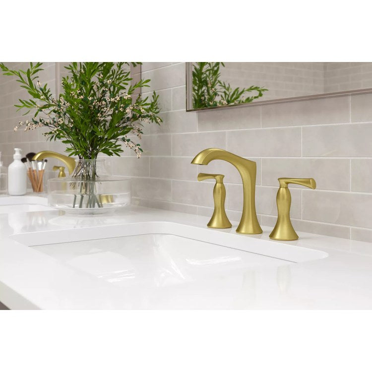 Lavatory Faucet Rhen Widespread 8 to 15 Inch Spread 2 Lever ADA WaterSense/CALGreen Brushed Gold 1.2 Gallons per Minute Deck Push and Seal 3 Hole - Image 2