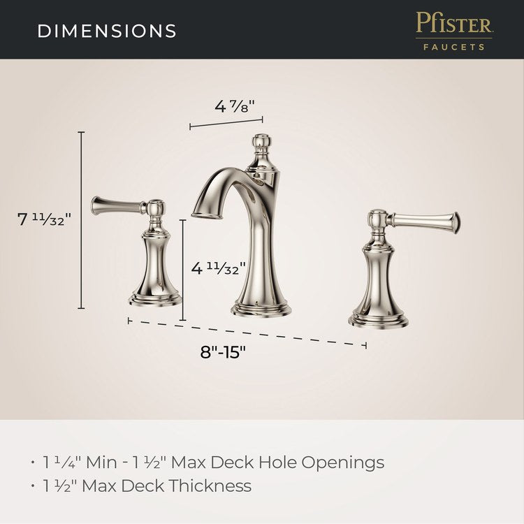 Lavatory Faucet Tisbury Widespread 8 to 15 Inch Spread 2 Lever ADA WaterSense/CALGreen Polished Nickel 1.2 Gallons per Minute Deck Pop-Up 3 Hole - Image 3