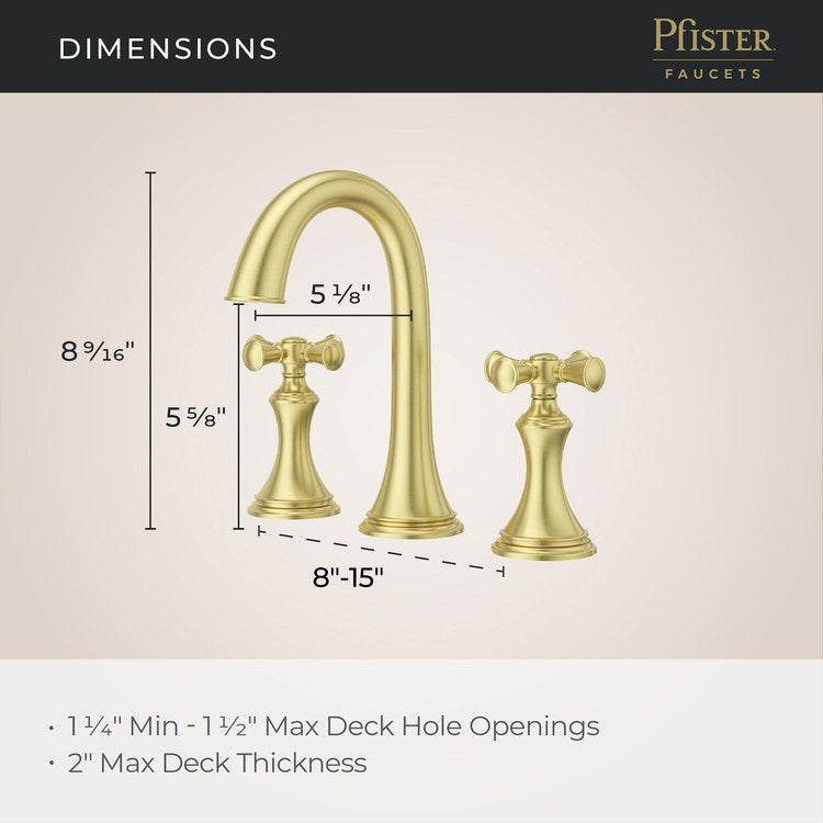 Lavatory Faucet Tisbury Widespread 8 to 15 Inch Spread 2 Cross WaterSense/CALGreen Brushed Gold 1.2 Gallons per Minute Deck High Arc Push and Seal 3 Hole - Image 3