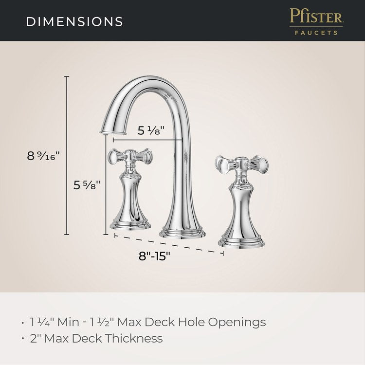 Lavatory Faucet Tisbury Widespread 8 to 15 Inch Spread 2 Cross WaterSense/CALGreen Polished Chrome 1.2 Gallons per Minute Deck High Arc Push and Seal 3 Hole - Image 3