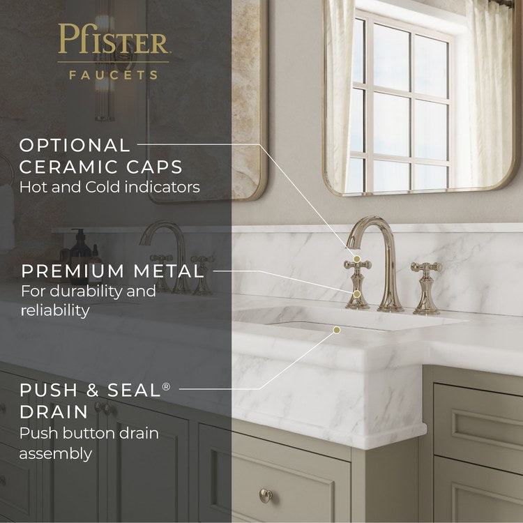 Lavatory Faucet Tisbury Widespread 8 to 15 Inch Spread 2 Cross WaterSense/CALGreen Polished Nickel 1.2 Gallons per Minute Deck High Arc Push and Seal 3 Hole - Image 2