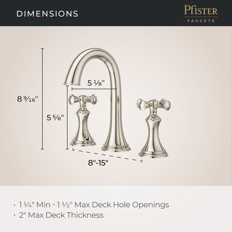 Lavatory Faucet Tisbury Widespread 8 to 15 Inch Spread 2 Cross WaterSense/CALGreen Polished Nickel 1.2 Gallons per Minute Deck High Arc Push and Seal 3 Hole - Image 3