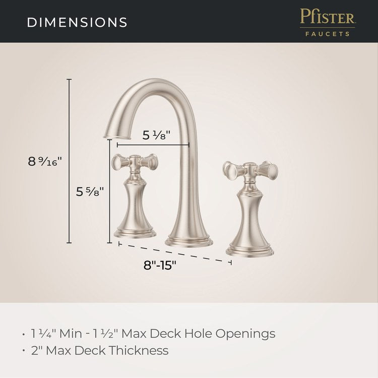 Lavatory Faucet Tisbury Widespread 8 to 15 Inch Spread 2 Cross WaterSense/CALGreen Brushed Nickel 1.2 Gallons per Minute Deck High Arc Push and Seal 3 Hole - Image 3