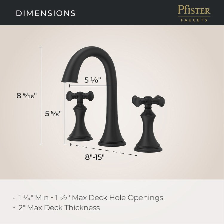 Lavatory Faucet Tisbury Widespread 8 to 15 Inch Spread 2 Cross WaterSense/CALGreen Spot Defense Matte Black 1.2 Gallons per Minute Deck High Arc Push and Seal 3 Hole - Image 2