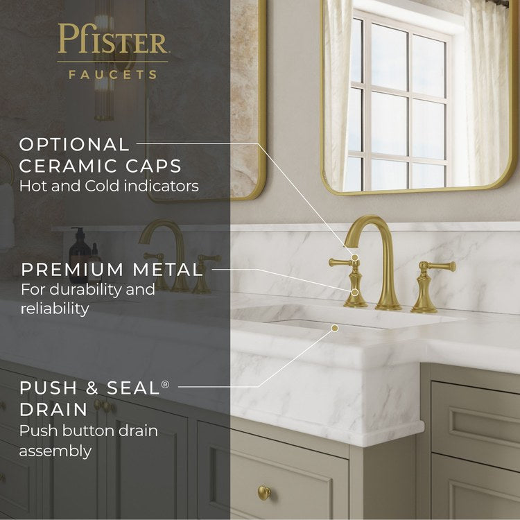 Lavatory Faucet Tisbury Widespread 8 to 15 Inch Spread 2 Lever ADA WaterSense/CALGreen Brushed Gold 1.2 Gallons per Minute Deck High Arc Push and Seal 3 Hole - Image 2