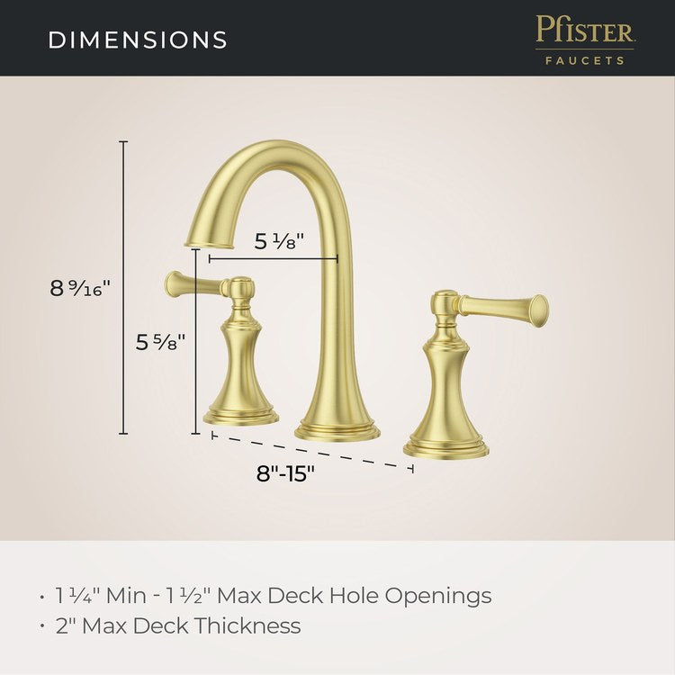 Lavatory Faucet Tisbury Widespread 8 to 15 Inch Spread 2 Lever ADA WaterSense/CALGreen Brushed Gold 1.2 Gallons per Minute Deck High Arc Push and Seal 3 Hole - Image 3