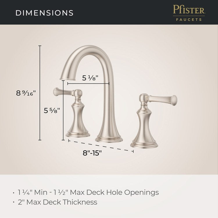 Lavatory Faucet Tisbury Widespread 8 to 15 Inch Spread 2 Lever ADA WaterSense/CALGreen Brushed Nickel 1.2 Gallons per Minute Deck High Arc Push and Seal 3 Hole - Image 3