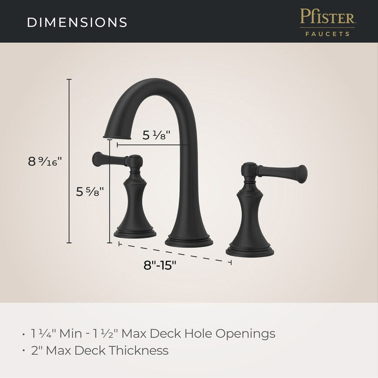 Lavatory Faucet Tisbury Widespread 8 to 15 Inch Spread 2 Lever ADA WaterSense/CALGreen Spot Defense Matte Black 1.2 Gallons per Minute Deck High Arc Push and Seal 3 Hole - Image 3