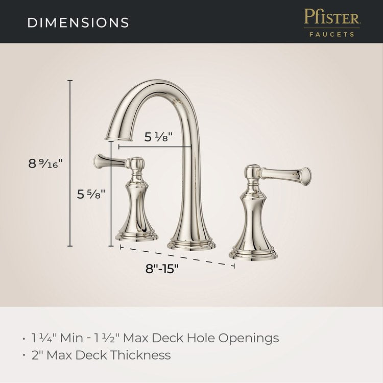 Lavatory Faucet Tisbury Widespread 8 to 15 Inch Spread 2 Lever ADA WaterSense/CALGreen Polished Nickel 1.2 Gallons per Minute Deck High Arc Push and Seal 3 Hole - Image 3