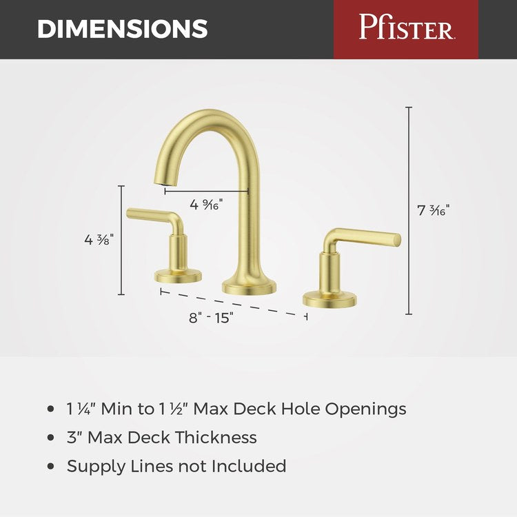 Lavatory Faucet Tenet Widespread 8 to 15 Inch Spread 2 Lever ADA WaterSense/CALGreen Brushed Gold 1.2 Gallons per Minute Deck High Arc Push and Seal 3 Hole - Image 3