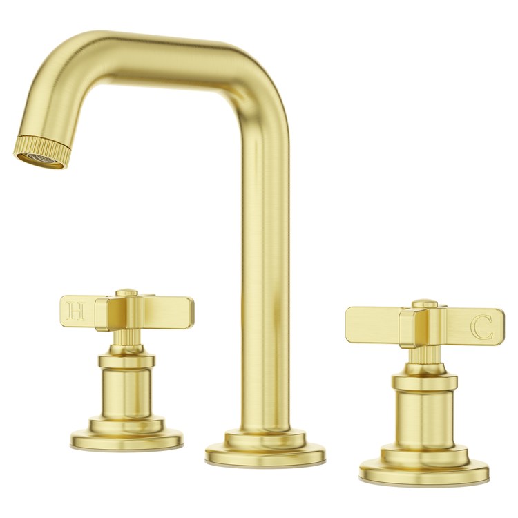 Lavatory Faucet Winter Park Widespread 8 to 15 Inch Spread 2 Cross ADA WaterSense/CALGreen Brushed Gold 1.2 Gallons per Minute Deck Push and Seal 3 Hole