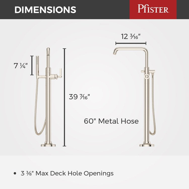 Tub Filler Trim Winter Park Freestanding with Wand 1 Lever Polished Nickel WaterSense/CALGreen ADA 9-3/8 Inch Spread Floor 6.5 Gallons per Minute - Image 2