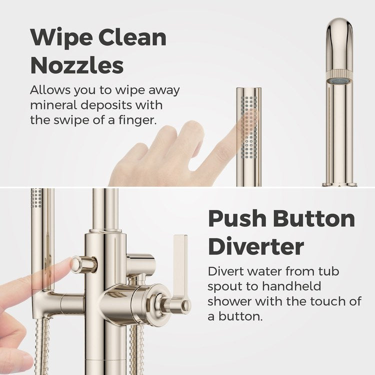 Tub Filler Trim Winter Park Freestanding with Wand 1 Lever Polished Nickel WaterSense/CALGreen ADA 9-3/8 Inch Spread Floor 6.5 Gallons per Minute - Image 3