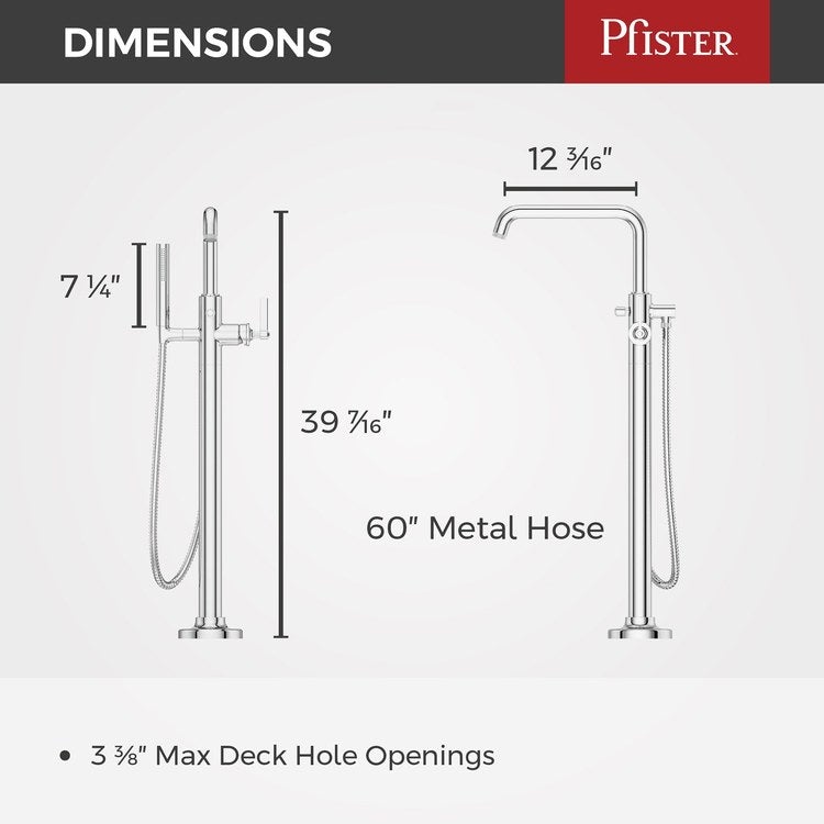Tub Filler Trim Winter Park Freestanding with Wand 1 Lever Polished Chrome WaterSense/CALGreen ADA 9-3/8 Inch Spread Floor 6.5 Gallons per Minute - Image 2