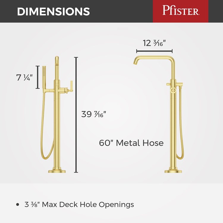 Tub Filler Trim Winter Park Freestanding with Wand 1 Lever Brushed Gold WaterSense/CALGreen ADA 9-3/8 Inch Spread Floor 6.5 Gallons per Minute - Image 2