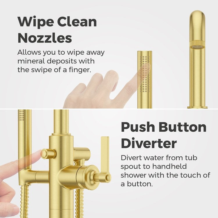 Tub Filler Trim Winter Park Freestanding with Wand 1 Lever Brushed Gold WaterSense/CALGreen ADA 9-3/8 Inch Spread Floor 6.5 Gallons per Minute - Image 3
