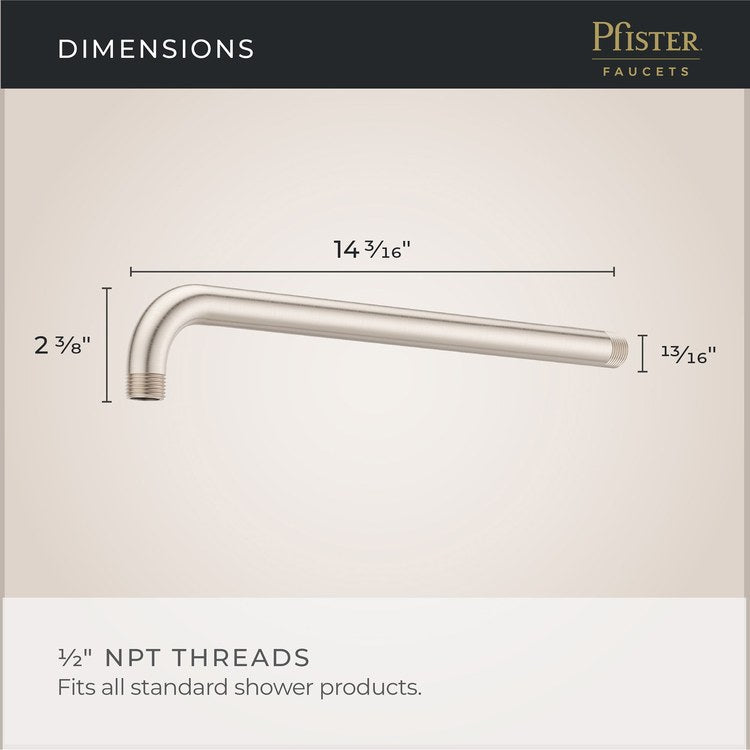 Shower Arm Straight Less Flange Brushed Nickel 14 Inch Brass Wall - Image 2