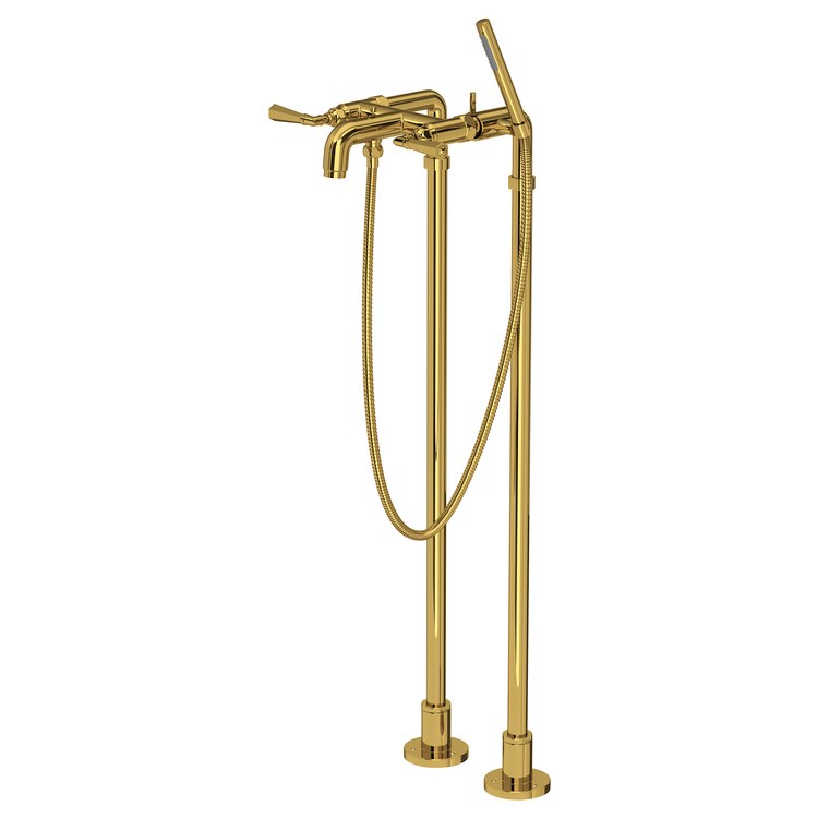 Tub Filler San Giovanni with Handshower 5-7/8 Inch Spread 2 Lever cUPC Unlacquered Brass Floor Mount 6 Gallons per Minute