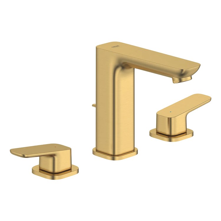 Lavatory Faucet Cubeo Widespread 8 Inch Spread 2 Lever ADA WaterSense Brushed Cool Sunrise 1.2 Gallons per Minute Deck Rigid Lift Rod 3 Hole SilkMove/EcoJoy