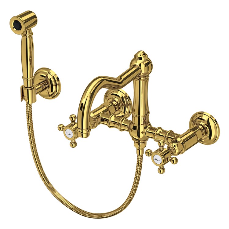 Kitchen Faucet Acqui Bridge with Sidespray 7-11/16 to 8-5/16 Inch Spread 2 Cross cUPC Unlacquered Brass Single Swivel Column Spout 3 Hole Wall Mount 1.5 Gallons per Minute