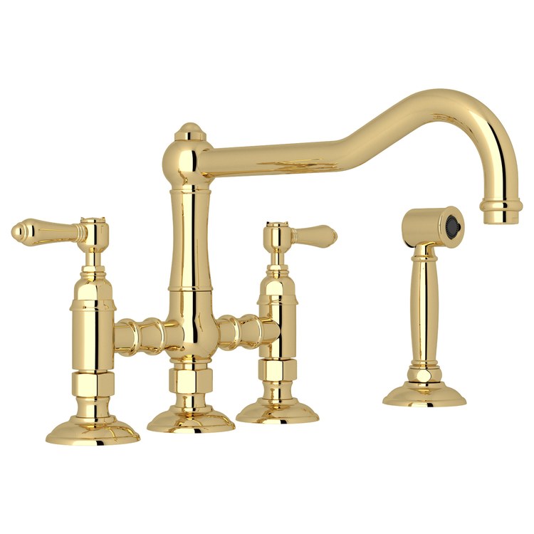 Kitchen Faucet Acqui Bridge with Sidespray 8 Inch Spread 2 Lever cUPC Unlacquered Brass Single Column Spout 4 Hole Deck Mount 1.5 Gallons per Minute