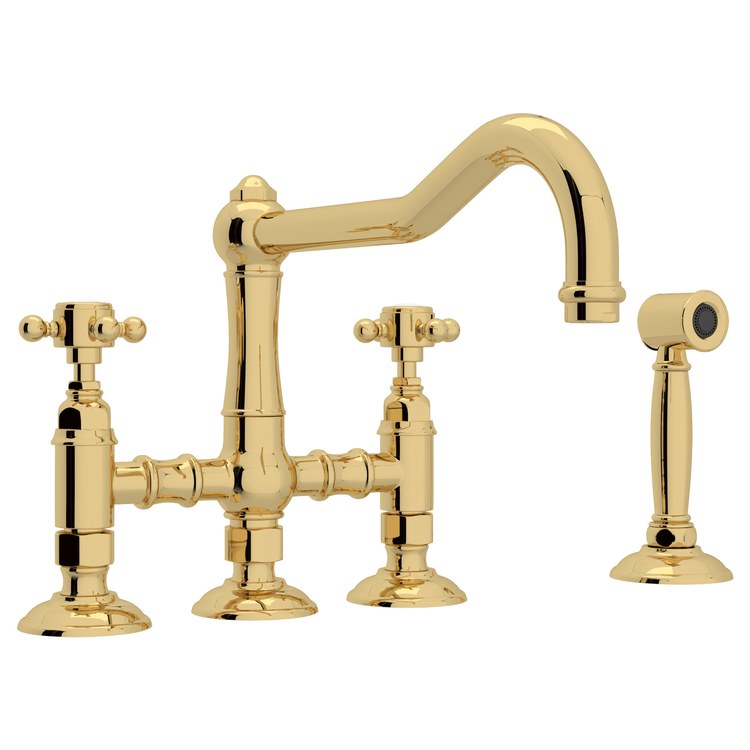 Kitchen Faucet Acqui Bridge with Sidespray 8 Inch Spread 2 Cross cUPC Unlacquered Brass Single Column Spout 4 Hole Deck Mount 1.5 Gallons per Minute - Image 1