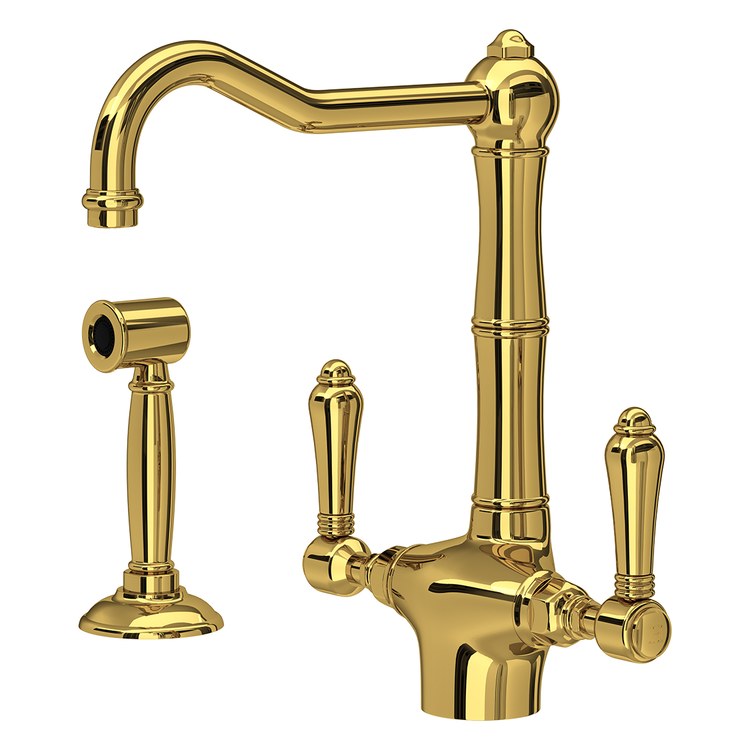 Kitchen Faucet Acqui with Sidespray 8-21/32 Inch Spread 2 Lever cUPC Unlacquered Brass Single Swivel Column Spout 2 Hole Deck Mount 1.5 Gallons per Minute