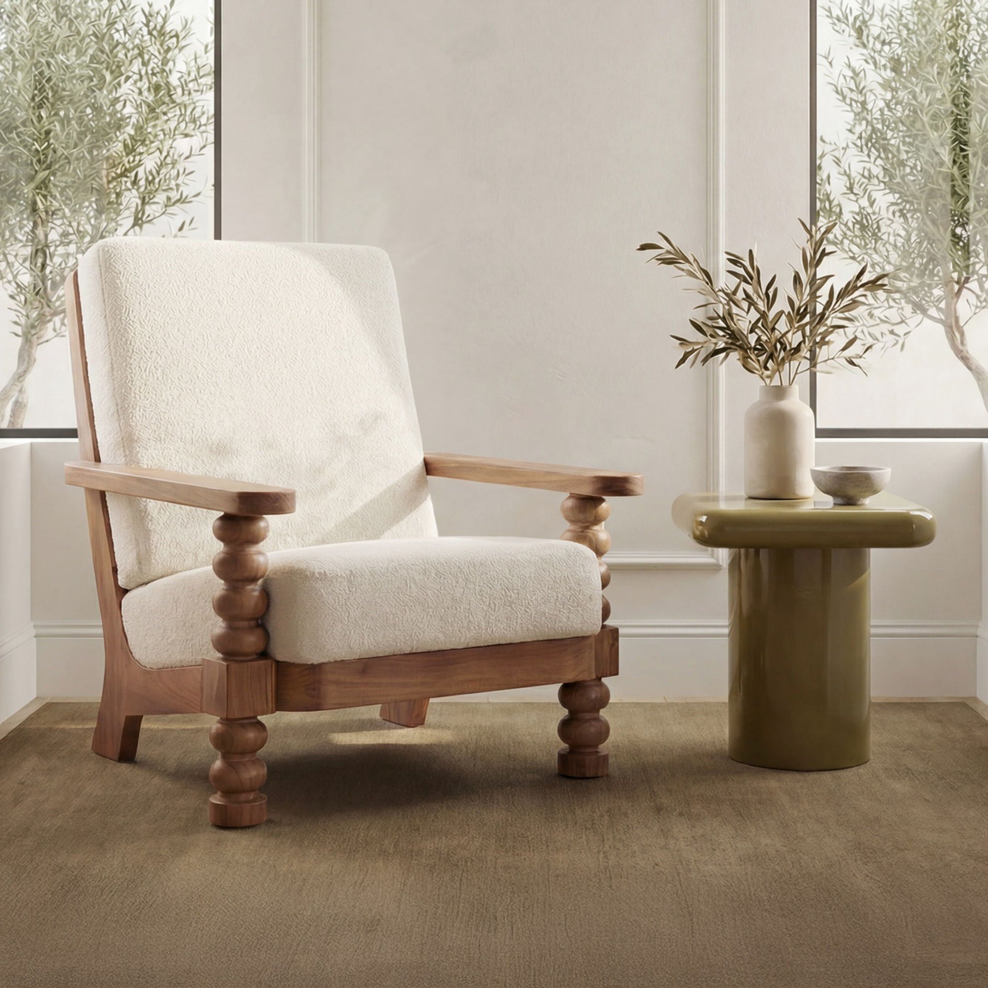 Ingrid – Accent Chair – Off White / Light Brown