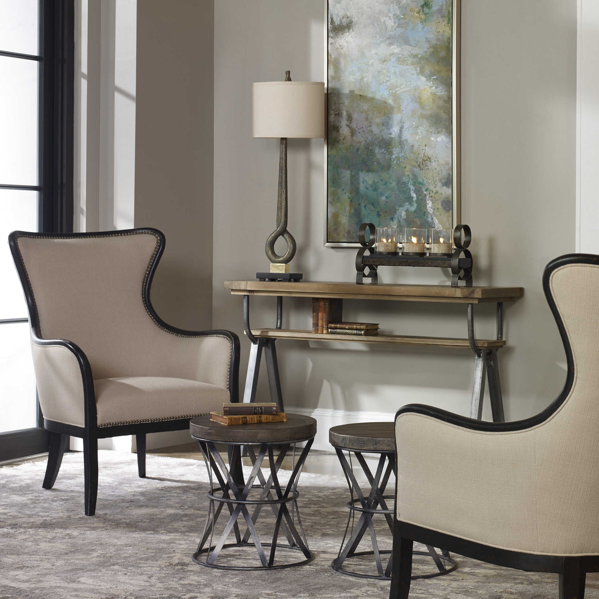 Sandy - Wing Back Armchair - Beige & Dark Brown - Image 3