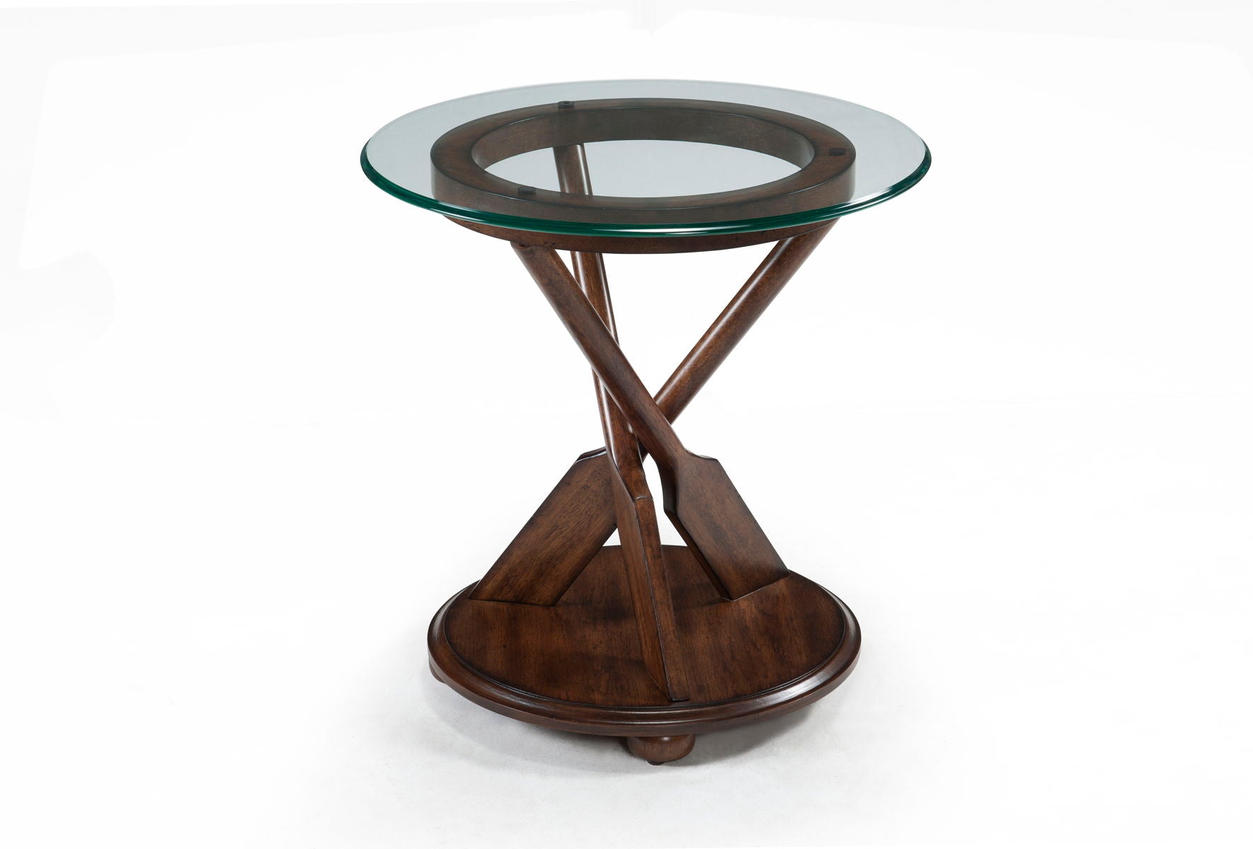 Beaufort – Round End Table With Base And Glass Top – Dark Oak