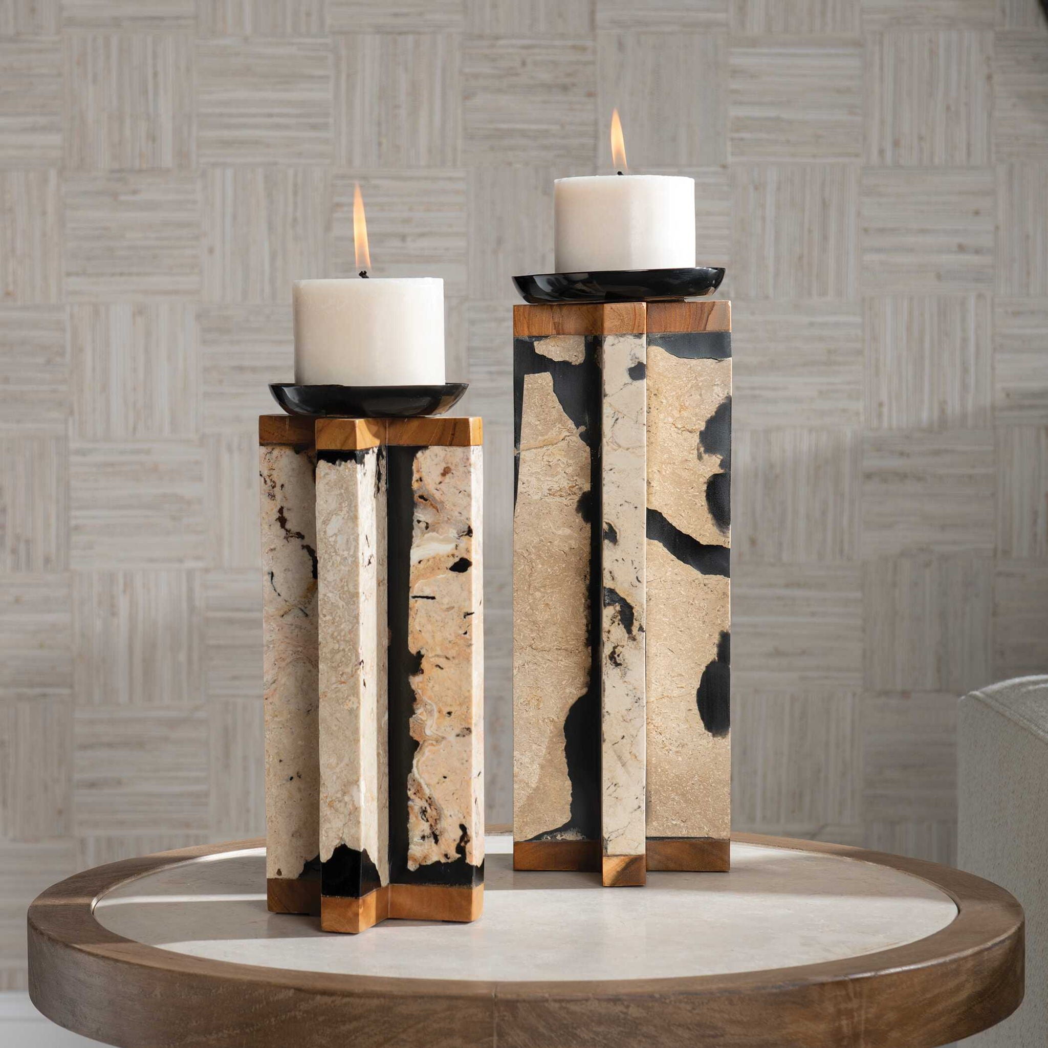 Illini - Stone Candleholders (Set of 2) - Black & White - Image 2