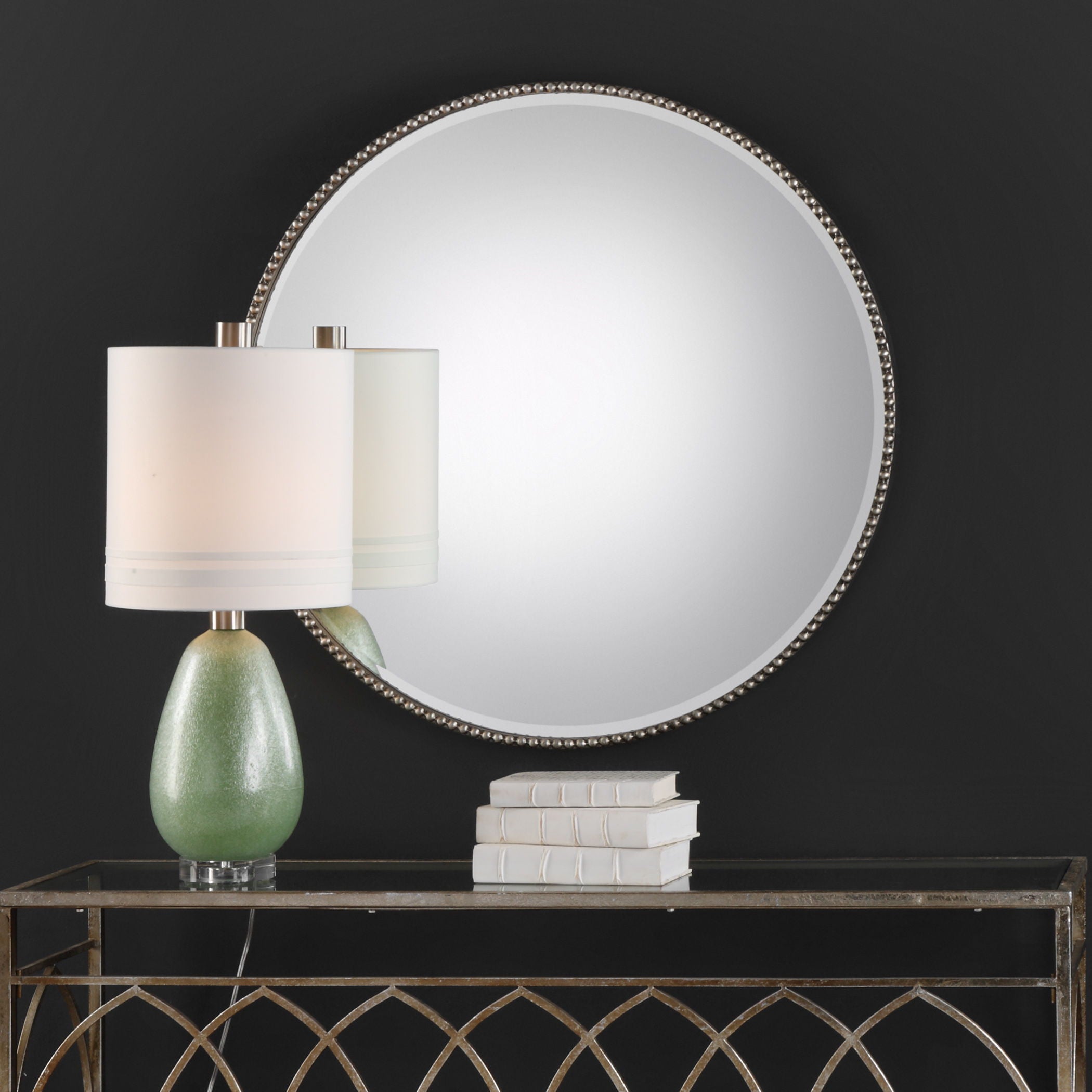 Stefania - Beaded Round Mirror - Pearl Silver - Image 2