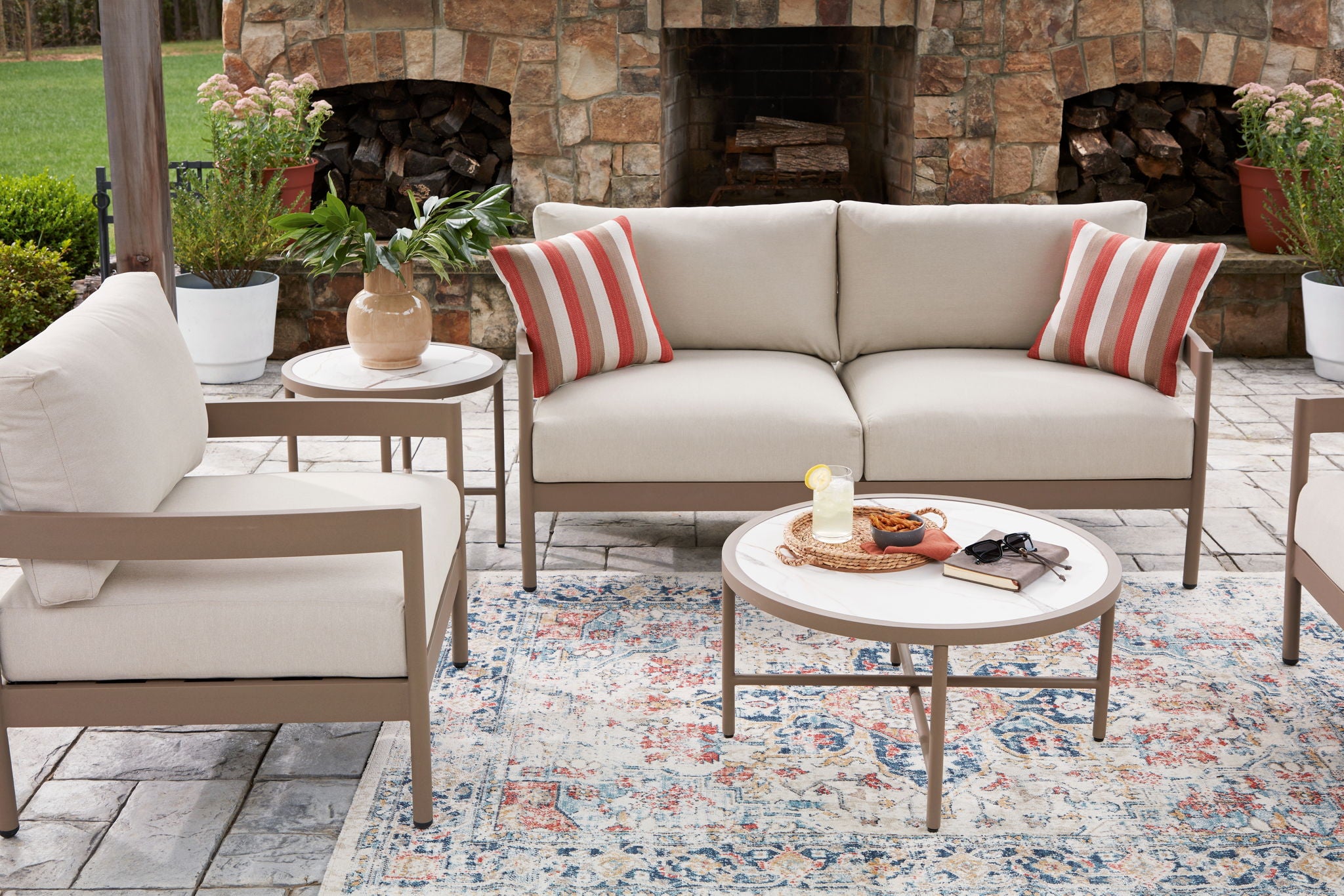 Bluff Trail - Loveseat, Lounge Chairs, Tables Set (Set of 5) - Beige - Image 3