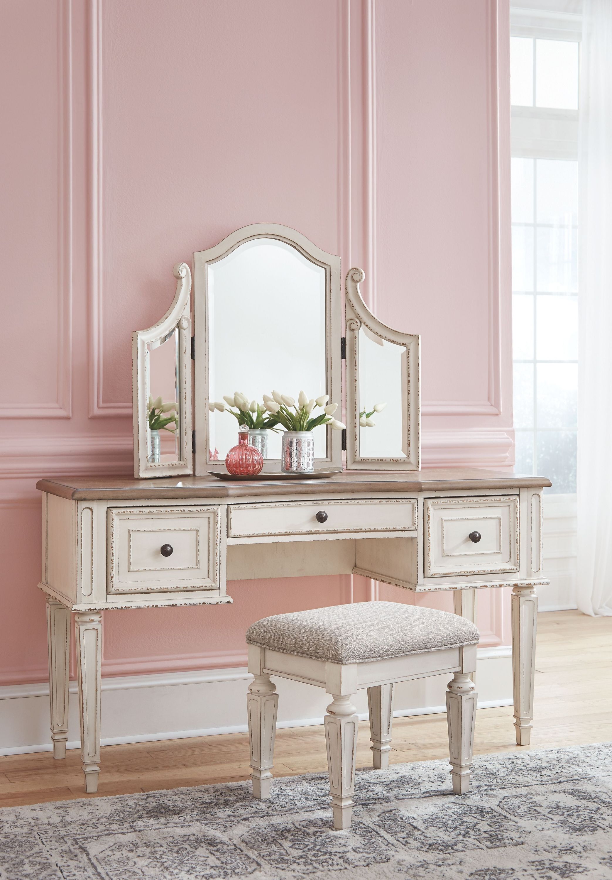 Realyn - Vanity/Mirror/Stool (Set of 3) - White / Brown / Beige - Image 3